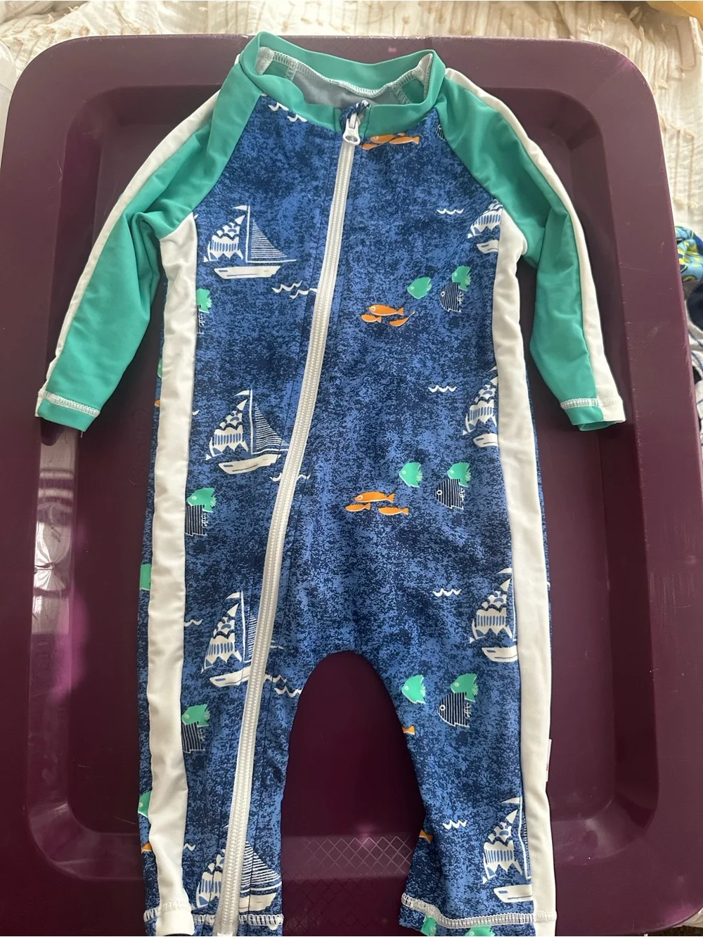 Unbranded Boys' Blue & Teal Sailboat One-Piece Swimsuit